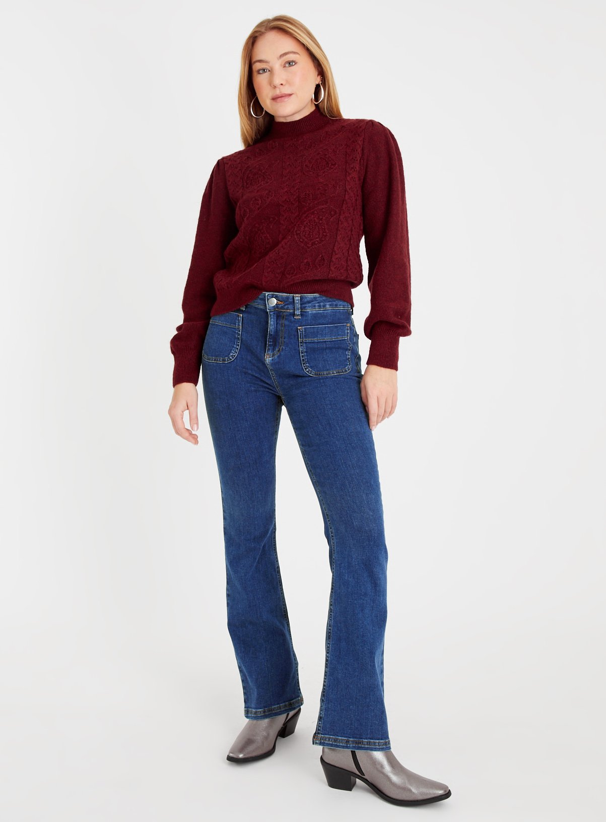 Dark Red Cable Design High Neck Jumper  M - Image 2 thumbnail